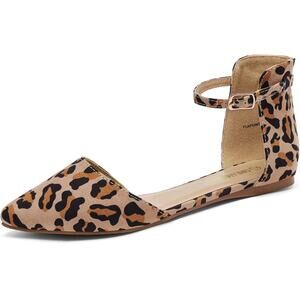 Dream Pairs SZ 8 Pointed Toe Ankle Strap Leopard Print Flat Ballet Shoe